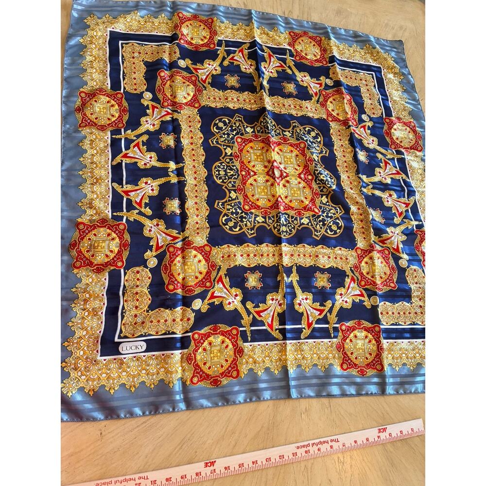 VTG Lucky 100% Silk Scarf Large Baroque Medallion Blue Gold Satin Stripe Border - Picture 2 of 16